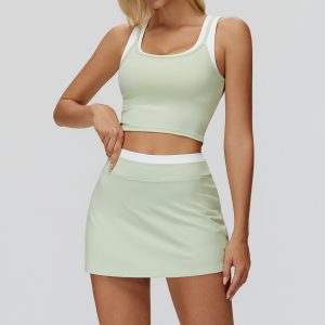 Women's 2 Piece Yoga Outfit, Contrast Trim High Waist Skort & Tank Top Set, Mint Green