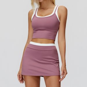 High Waist Yoga Skort Set, Tummy Control Tank Top & Athletic Shorts, Dusty Purple