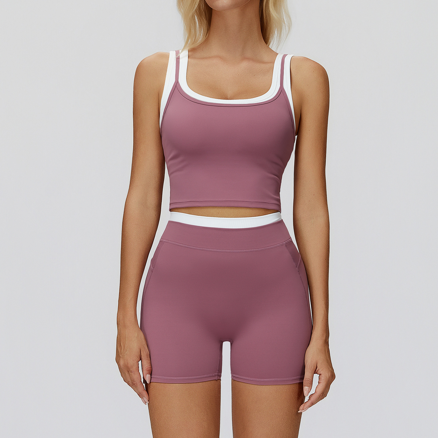 High Waist Yoga Skort Set, Moisture Wicking Tank Top & Compression Shorts, Dusty Purple