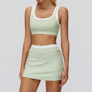 Womens 2 Piece Yoga Outfit, Contrast Trim High Waist Skort & Tank Top, Mint Green