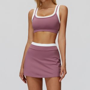 Women's 2 Piece Contrast Trim Yoga Set, Sports Bra + High Waist Skort Outfit, Dusty Purple